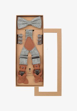 Gray fabric bow tie and suspenders with tan leather accents, featuring metallic clips and a box packaging, all arranged neatly.