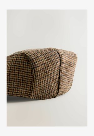 Wollen hoed met een ronde vorm in bruin, met een geruit patroon met hints van groen en blauw. Gestructureerd oppervlak met een gestikte naaddetail.