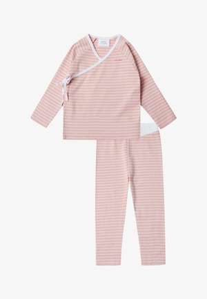 Langärmliges Oberteil mit rosa-weißen Streifen im Wickeldesign und Bindegürtel, kombiniert mit passender Schlafanzughose. Softer Stoff und lässige Passform.