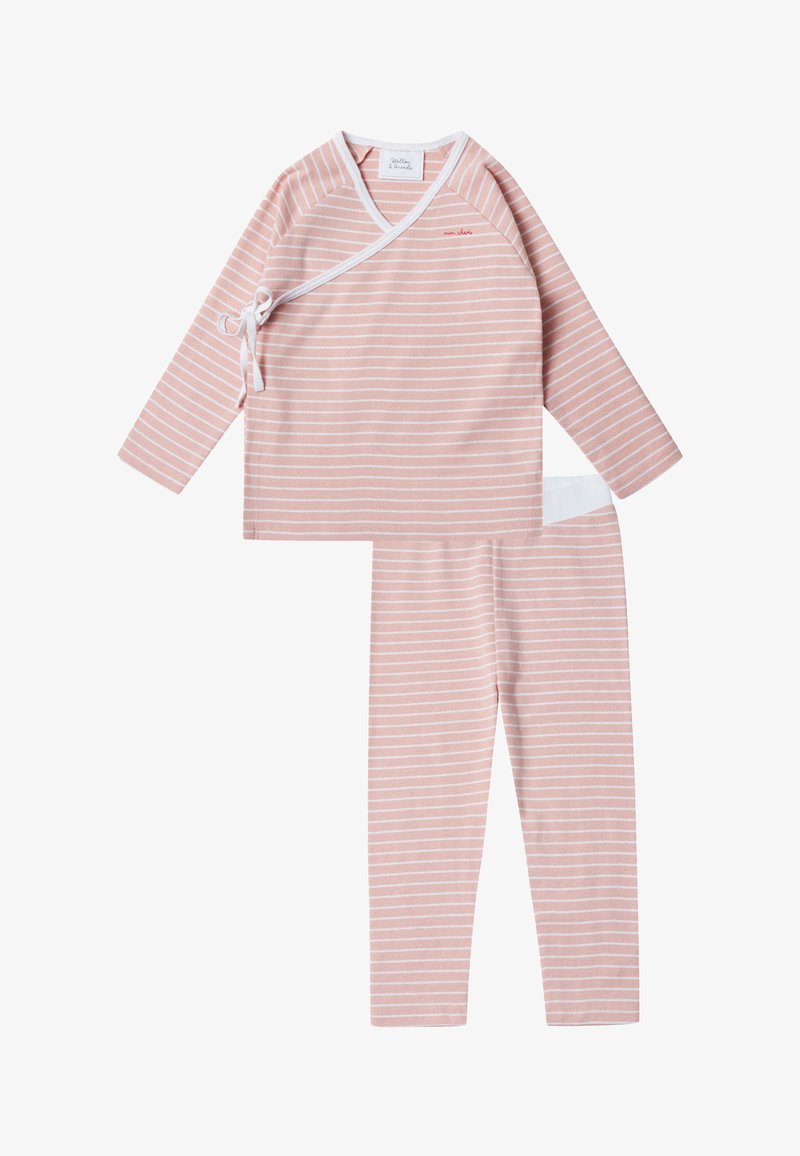 Top a maniche lunghe a righe rosa e bianche con design avvolgente e cintura, abbinato a pigiami coordinati. Tessuto morbido e vestibilità rilassata.