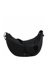 Borsa a tracolla nera in tessuto, con forma arrotondata, tracolla regolabile e scomparto con zip. Presenta un'etichetta del logo sulla parte anteriore.