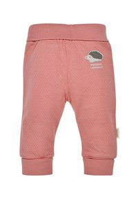 Rosa gestrickte Babypants mit einem strukturierten Muster, versehen mit einer Igelapplikation und einem genähten Etikett, auf dem "du bist so geliebt" steht. Mit Bündchen an den Knöcheln.