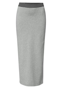 Jupe crayon midi grise avec une silhouette ajustée et une taille élastique présentant des rayures horizontales noires et blanches.