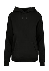 Felpa nera con cappuccio realizzata in materiale morbido, dotata di cappuccio regolabile con lacci, tasca frontale e polsini e orlo a coste. Design semplice e classico.