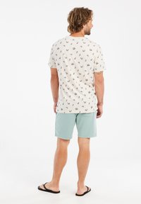 Lichtgekleurde herenoverhemd met een herhaald krabbenpatroon, gecombineerd met mintgroene shorts. Eenvoudige slippers maken de casual outfit compleet.