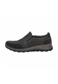 Scarpe slip-on in pelle e camoscio marrone scuro, con cuciture a contrasto, suola in gomma e una silhouette slanciata con colletto imbottito.