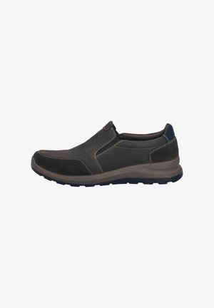 Slip-on boty s tmavě hnědou kůží a semišem, kontrastním šitím, gumovou podrážkou a štíhlým siluetou s polstrovaným límcem.
