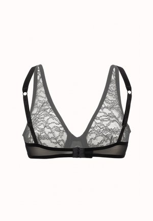 Schwarzer Spitzen-Bralette mit tiefem V-Ausschnitt, transparentem Mesh-Rücken und verstellbaren Trägern mit Hakenverschluss. Detailliertes florales Spitzenmuster.