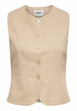 Vestă bej fără mâneci, cu nasturi, cu decolteu rotund și talie mulată, de la ONLY, mărimea 36, afișată pe fundal alb.