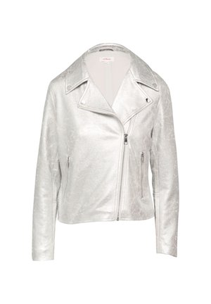 Zilverkleurige metallic jas met een klassiek moto-ontwerp, voorzien van een gekarteld kraag, asymmetrische rits en twee voorkantzakken. Glad van textuur.