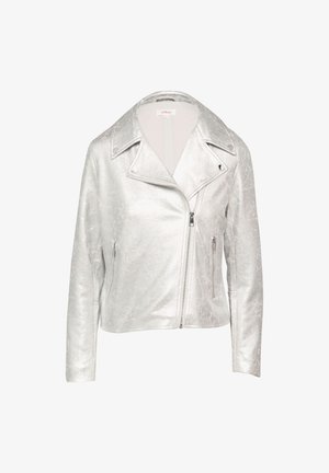 Zilverkleurige metallic jas met een klassiek moto-ontwerp, voorzien van een gekarteld kraag, asymmetrische rits en twee voorkantzakken. Glad van textuur.