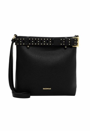 Borsa a tracolla nera in pelle con texture granulosa, dettagli in oro e tracolla con borchie. Design compatto con una tracolla regolabile singola.