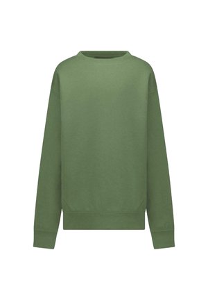 Groene sweatshirt van zacht materiaal. Heeft een ronde hals, lange mouwen en een eenvoudig ontwerp met een klein logo detail aan de voorkant.