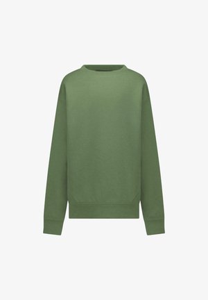 Groene sweatshirt van zacht materiaal. Heeft een ronde hals, lange mouwen en een eenvoudig ontwerp met een klein logo detail aan de voorkant.