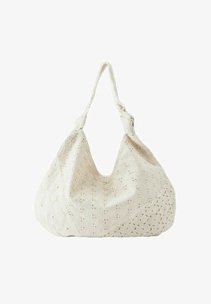 Sac à épaule en tissu couleur crème avec broderie florale à œillets et une seule bandoulière souple.