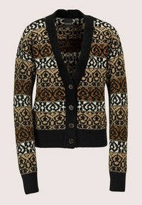 Knopf-gebundene Strickjacke mit geometrischen und von Tieren inspirierten Mustern in Schwarz, Braun, Beige und Weiß sowie gerippten Bündchen und Saum.