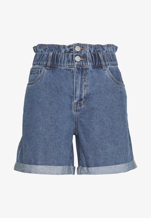 Denimové kraťasy s elastickým pasem, dvěma knoflíkovými uzávěry a ohrnutými manžetami. Mají středně modrou barvu a čtyři kapsy pro praktické využití.