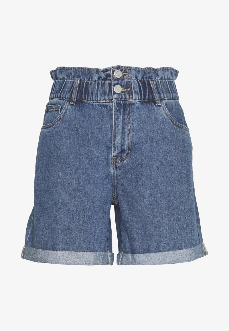 Denimové kraťasy s elastickým pasem, dvěma knoflíkovými uzávěry a ohrnutými manžetami. Mají středně modrou barvu a čtyři kapsy pro praktické využití.