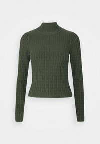 Groen gebreide trui met lange mouwen en een hoge hals, voorzien van een geometrisch patroon en een aansluitende pasvorm. Soepele textuur met geribbelde randen.