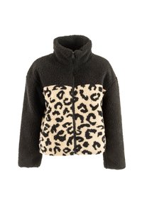 Giacca in pile con colletto alto; maniche e parte superiore nera; parte inferiore color crema con motivo leopardato nero. Zip frontale completa.