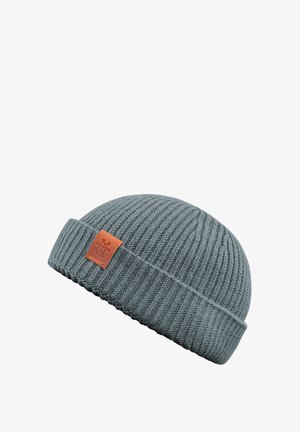 Knitted beanie in muted gray with a ribbed texture. Features a brown leather patch with logo on the front.
