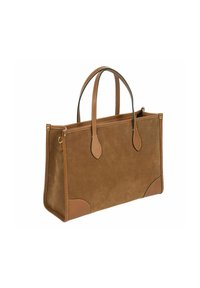Braune Wildleder-Tasche mit glatten Lederakzenten, rechteckiger Form, zwei Griffen und kontrastfarbiger Naht. Verfügt über ein minimalistisches Design.