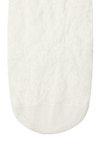 White fuzzy sock with a soft texture, featuring a ribbed cuff and a rounded toe. The fabric has a slight sheen and is slightly patterned.
