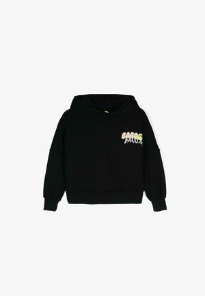 Felpa nera con cappuccio, maniche lunghe e design corto. Presenta grafiche testuali in giallo e bianco nella zona del petto. Texture morbida.