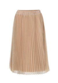 Plisserrokken gemaakt van lichte, doorschijnende stof in een zachte beige kleur met een gladde tailleband en gelaagde plooien, wat zorgt voor een vloeiende silhouet.