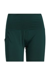 Mörkgröna träningsshorts med hög midja, tillverkade av glatt, elastiskt tyg. Har en sidoficka för bekvämlighet.