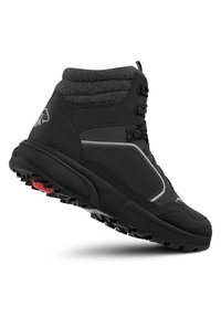 Schwarze Wanderstiefel mit grauen Akzenten, strukturiertem Obermaterial und sechseckigem Musterdetail. Verfügt über eine robuste Außensohle für besseren Halt. Schnürdesign.