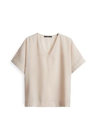 Top corto a maniche corte beige chiaro con scollo a V, realizzato in tessuto liscio. Presenta una vestibilità rilassata e una sottile rifinitura sui lati.