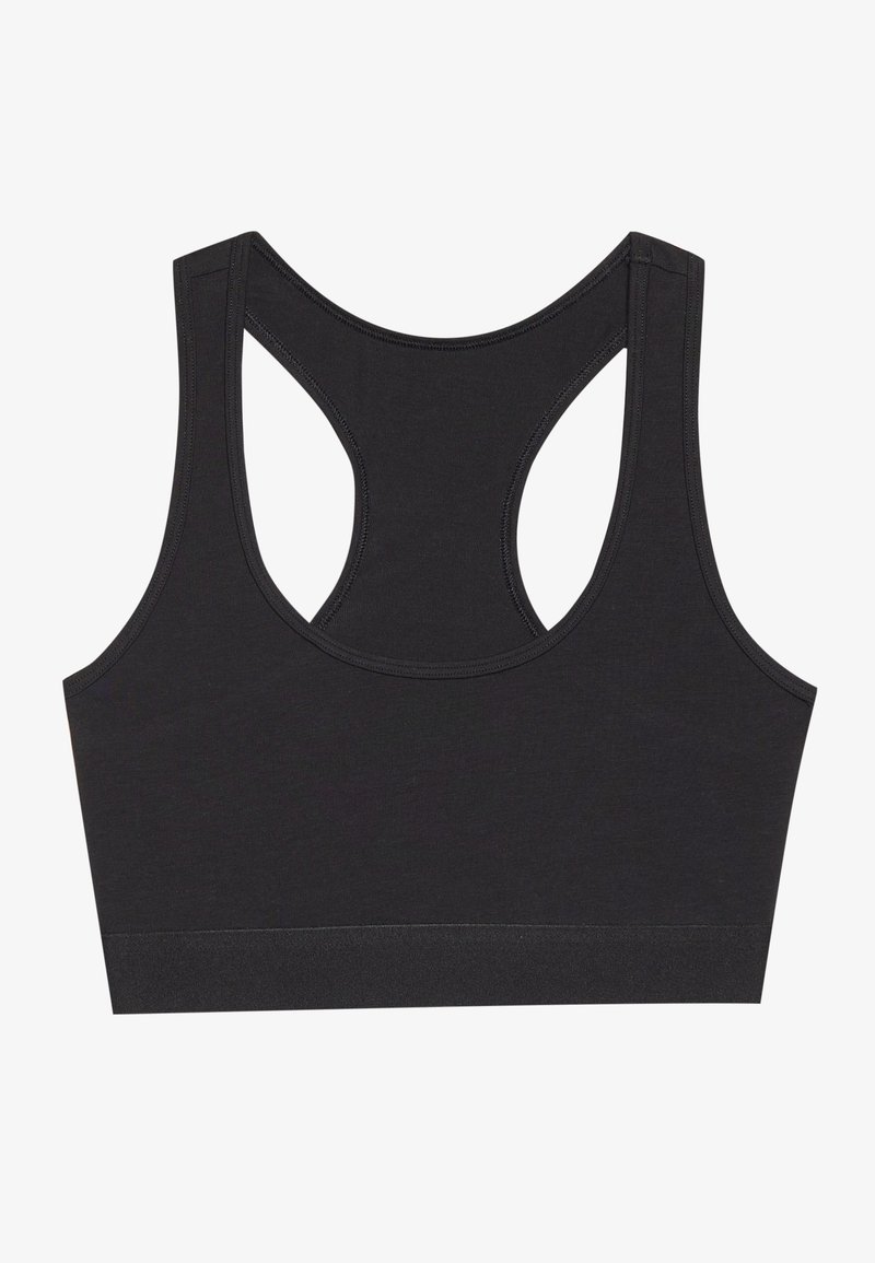 Soutien-gorge de sport noir avec une large bande, un design racerback et une texture de tissu lisse. Il présente une construction légère et respirante.