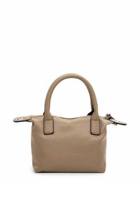 Beige nylon håndtaske med en struktureret form, dobbelte hanke i toppen og kontrasterende sort syning; har en lynlåslukning og et dekorativt mærke.