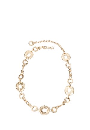 Collana tono oro con maglie tonde alternate lisce e martellate e chiusura a catena regolabile.