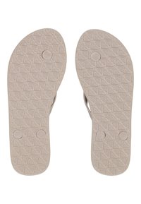 Brune flip-flops med teksturerede såler, der har et geometrisk mønster, runde knapper og størrelsesangivningerne 6/7 og R. Minimalistisk design og letvægts.