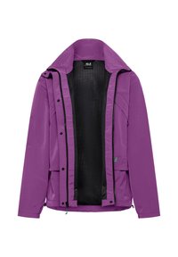 Lila wasserdichte Jacke mit Rasterstruktur, verstellbarer Kapuze, Mesh-Futter und mehreren Taschen. Mit schwarzen Akzenten und Reißverschlüssen.