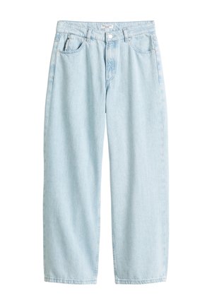 Light blue denim jeans with a high waist, wide legs, five pockets, and a button closure. Features a faded texture with minimal stitching.