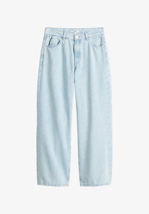 Light blue denim jeans with a high waist, wide legs, five pockets, and a button closure. Features a faded texture with minimal stitching.