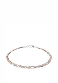 Pulsera de cadena de cuerda retorcida en tonos de plata y oro rosa con cierre de langosta sobre un fondo blanco.