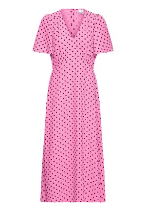 Robe midi portefeuille rose à pois noirs, manches courtes bouffantes et décolleté en V de la marque ICHI.