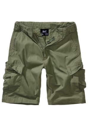 Bermudas cargo de color verde oliva hechas de una tela ligera, con múltiples bolsillos laterales, cremallera y botón en la bragueta, y un corte relajado.