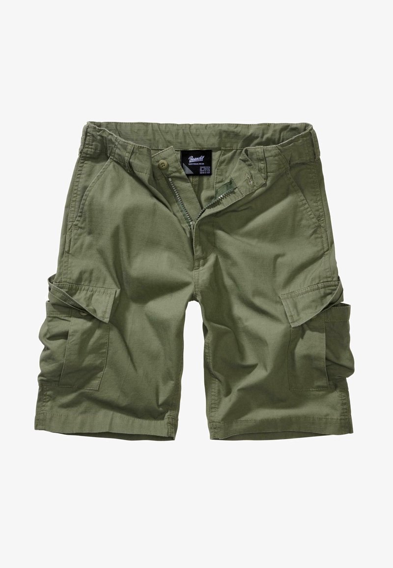 Shorts cargo vert olive en tissu léger, dotés de plusieurs poches latérales, d'une fermeture éclair et d'un bouton, et d'une coupe décontractée.