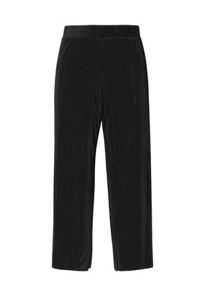 Czarne spodnie o szerokich nogawkach z elastycznym paskiem, wykonane z prążkowanej tkaniny, pokazane na białym tle.