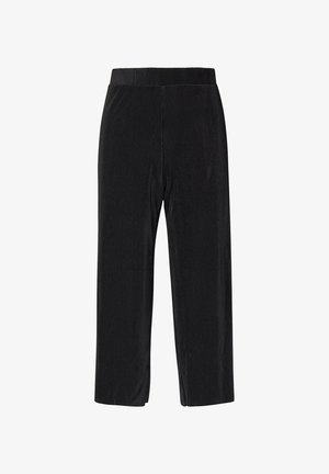 Black wide-leg pants with elastic waistband, made of ribbed fabric, shown on white background.