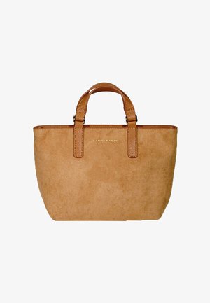 Sac fourre-tout en daim marron avec poignées en cuir et logo doré "Campo Marzio" centré près du haut.