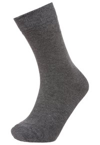Graue Baumwollsocke mit geripptem Muster, Knöchellänge, runder Zehenpartie und verstärkter Ferse. Einfaches Design, geeignet für den täglichen Gebrauch.