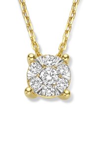 Gold chain necklace featuring a circular pendant with a cluster of round and marquise-cut diamonds, showcasing a mix of yellow and white metal accents.