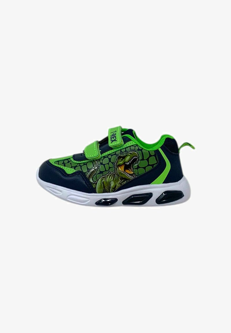Sneaker per bambini di colore blu scuro e verde con grafica di dinosauro, dotata di cinturino in velcro, design leggero e suola bianca con fori di ventilazione.