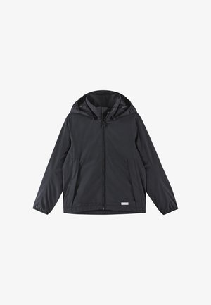 Black lightweight jacket with a hood, long sleeves, front zipper, and two side pockets. Smooth texture and minimalist design.
